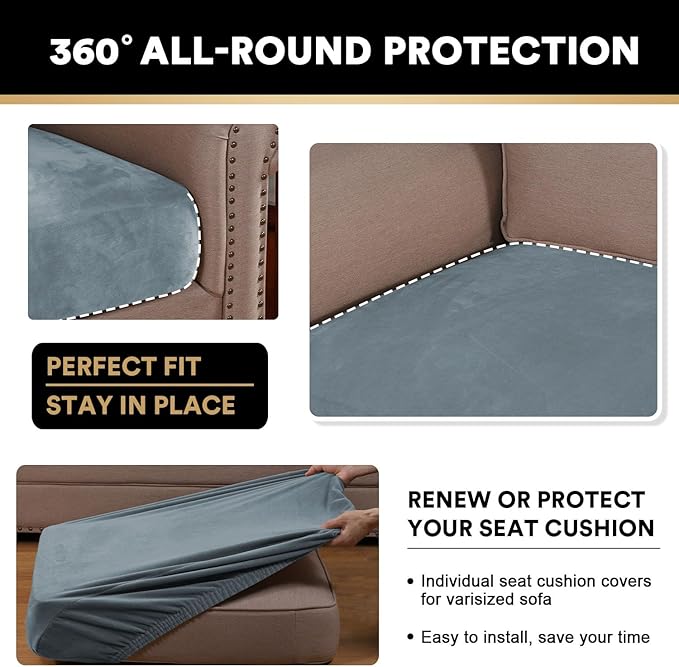 PrinceDeco Velvet Couch Cushion Cover Soft Stretch Cushion Slipcover for Chair Loveseat Sofa Cushion Furniture Protector Seat Cushion Sofa Cover (2 Piece Large Sofa Cushion Covers, Stone Blue)