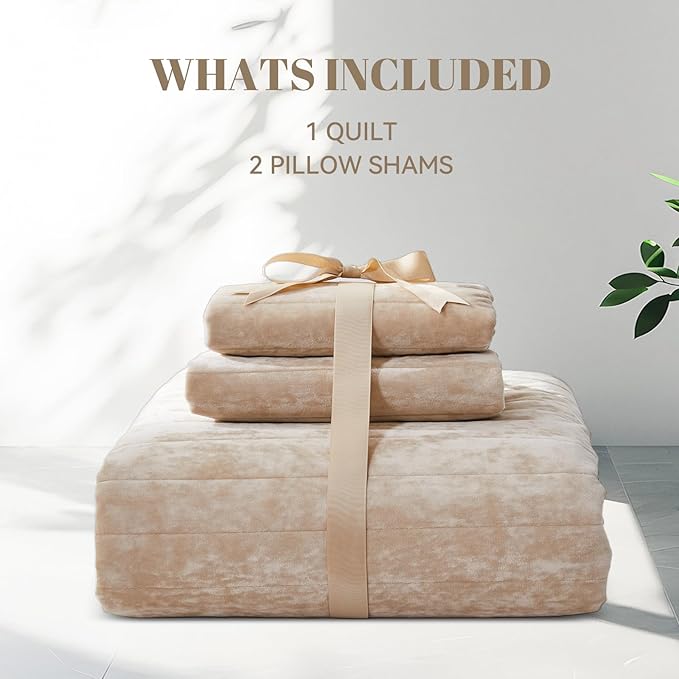 Qucover Queen/Oversized Queen Velvet Quilt and Sham Set, Luxury Velvet Comforter Bedding Set, Cream Beige Striped Quilt Bedspread, Ultra Soft Winter Coverlet for All Seasons