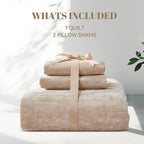 Qucover Velvet Quilt King Size Bedding Set, 106"x98" Oversized King Velvet Quilt and Sham Set, Luxury Cream Beige Striped Comforter, Ultra Soft Winter Quilted Bedspread Coverlet for All Seasons