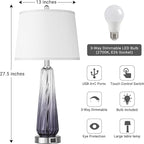 Glass Table Lamps for Living Room, Modern Bedside Lamps with USB A+C Ports, 3-Way Dimmable Touch Control Nightstand Lamp with White Linen Shade, 27.5" Large Lamps for Bedrooms Decor, Grey, 1 Pack