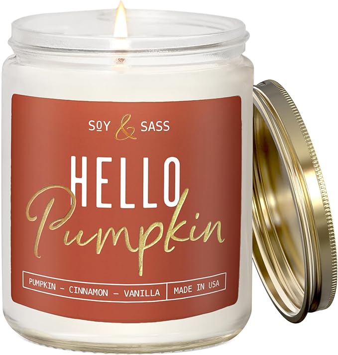 Pumpkin Spice Candle, Fall Candles - 'Hello Pumpkin' Pumpkin Candle I Infused w/Essential Oils I Autumn Scented Soy Candles for Home I Fall Home Décor I 9oz Reusable Jar, 50Hr Burn, Made in USA