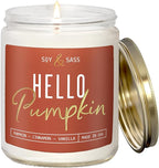 Pumpkin Spice Candle, Fall Candles - 'Hello Pumpkin' Pumpkin Candle I Infused w/Essential Oils I Autumn Scented Soy Candles for Home I Fall Home Décor I 9oz Reusable Jar, 50Hr Burn, Made in USA