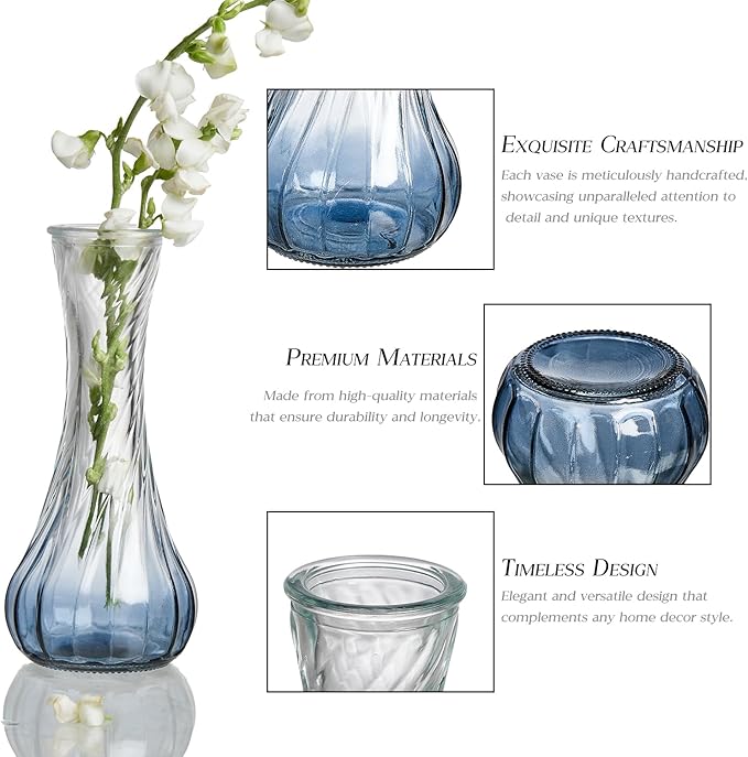 Glass Bud Vase Set of 20 - Small Vases for Flowers in Bulk - Assorted Vintage Crystal Vases for Flowers, Table Centerpieces (Blue, 20 Pcs)