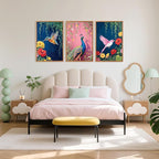 Aurlan Colorful Birds Flowers Framed Wall Art(16"x24"), 3PCS Large Classic Elegance Hummingbird Peacock Canvas Artwork, Vintage Abstract Watercolor Peony Floral Willow Decor for Home Office Bedroom