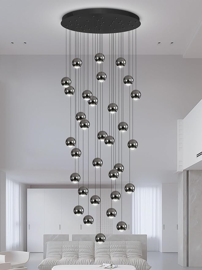 Farmhouse Crystal Chandelier, Luxury Hanging Lights High Ceiling Pendant Lighting for Foyer Staircase 32 Lights Black Dimmable 2700k-6000k