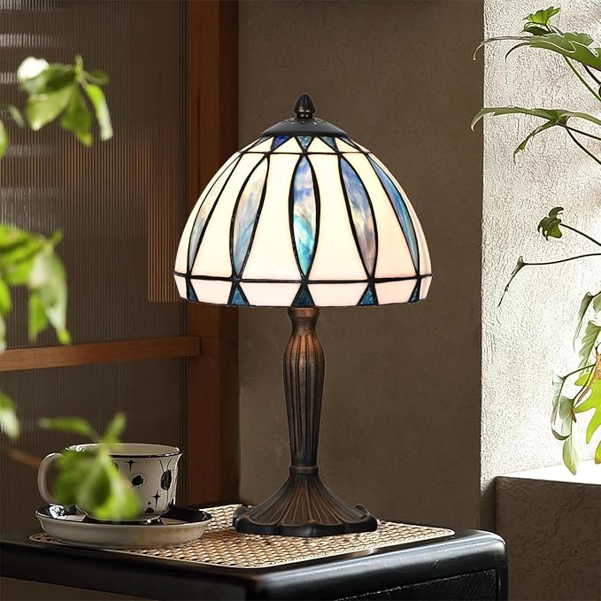 TL0034 Tiffany Style Table Lamp with Stained Glass Shade, Vintage Bronze Base W 8" x OH 14.25", Great for Home Office Small Space, LED Bulb Included (Blue White)