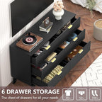 Fluted Dresser for Bedroom,6 Drawer Dresser for Closet,Storage Cabinet and Chest of Drawers with Gold Handle,TV Stand,Storage Organizer for Living Room,Hallway,Entryway,Black