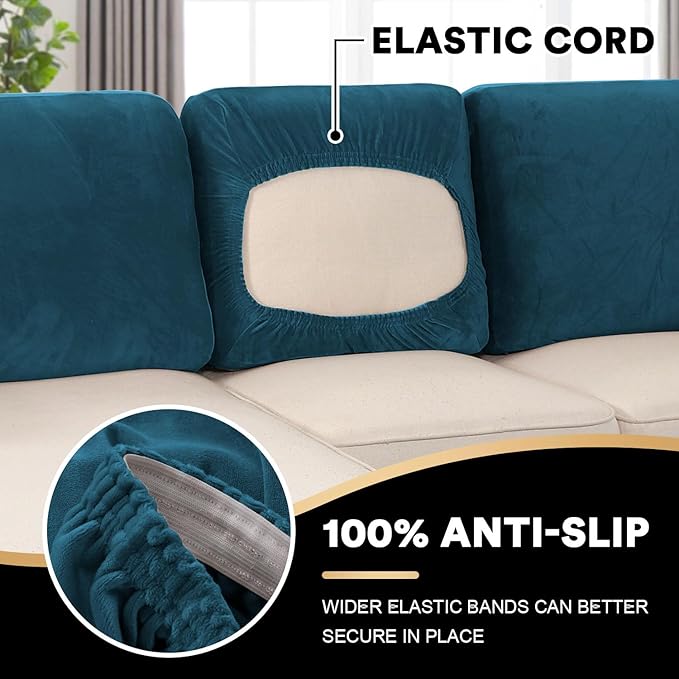 PrinceDeco Sectional Couch Covers Velvet Cushion Covers for Sectional Couch Washable Cushion Covers for Sectional Sofa Pet Friendly Sectional Sofa Slipcovers(1 Chaise Back+ 3 Sofa Back,Deep Teal)
