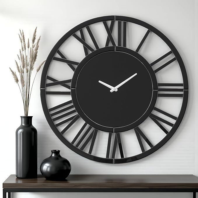 39.3" Oversize Wall Clock - Modern Black Glass Large Wall Clock with Roman Numerals, Decorative Wall Clocks for Living Room, Bedroom, Office - Easy to Hang, Silent Non-Ticking