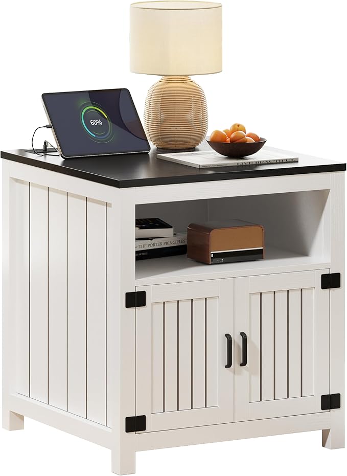 Farmhouse End Table with Charging Station, 24" Large Side Table with Open Shelf and Storage Cabinet, Wood Square Bedside Table Nightstand for Living Room, Bedroom (White)