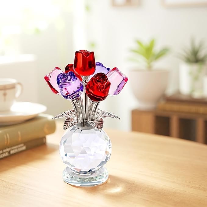 Crystal Rose Bouquet Flower Figurine Pink Purple and Red Flower Ornaments Gift for Lover