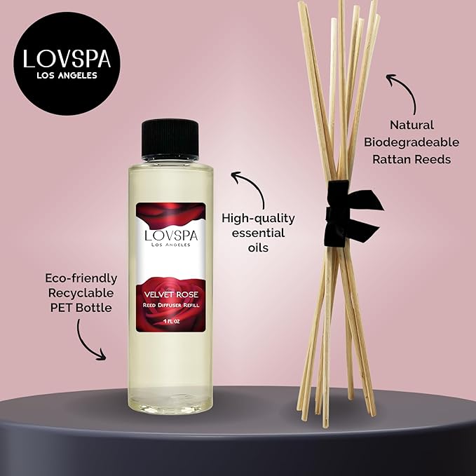 LOVSPA Velvet Rose Diffuser Oil - Luxury Essential Oils for Diffuser Refill & Air Freshener Room Spray - Long-Lasting & Natural Home Fragrance, Scented Oil for Diffusers, USA Made, 4oz