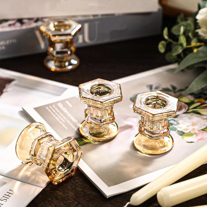 Foaincore 36 Pcs Candlestick Holders Bulk 2.36 Inch Taper Candle Holders Small Glass Candle Holder for Wedding Table Centerpiece Party Decoration (Amber)