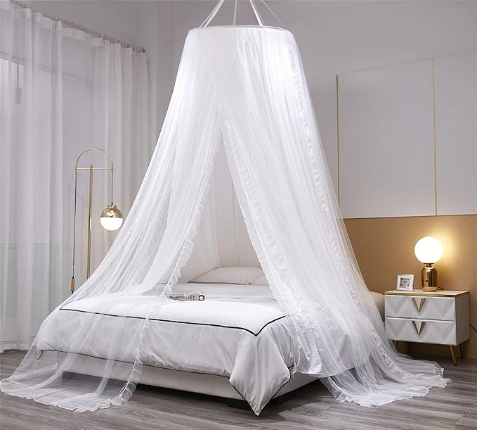 VETHIN Double Layer Princess Round Dome Canopy Bed Curtain for Girls Adults,Children Dreamy Mosquito Net,Cute Bedroom Decoration Castle Play Tent Reading Nook Canopies (Dome-White/White)