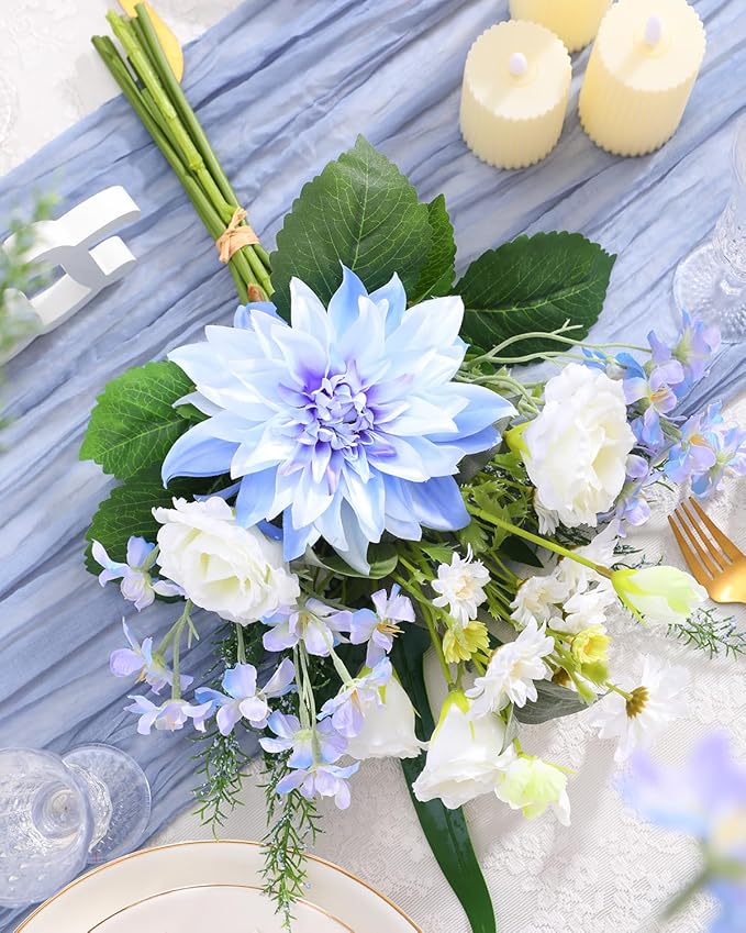 Nubry Fake Artificial Flowers Bouquet,Faux Silk Dahlia Flower Bouquet Floral Arrangement Fake Plant Decor for Tables Centerpieces,Home Office Party Wedding Decor(Blue)