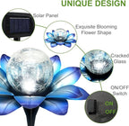 LEWIS&WAYNE Solar Garden Lights Outdoor, 3 Pcs Blue Lotus Flower Pathway Lamps with Cool White Crackle Glass Globe Led Lights for Patio Pathway Yard Balcony Garden Decorations