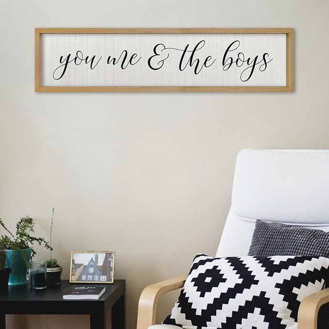 ZZJJHYWGQ You Me & The Boys Sign 32"×8" Playroom Kids Wall Decor Modren Nursery Baby Boy Home Wood Framed Living Room Horizontal Wall Art (Wood)