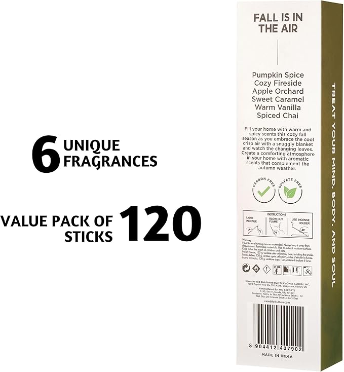 Folkulture Incense Sticks | Set of 6 (120 Fall Incense Sticks) | Non Toxic Fall Scents with 45 Min Burn Time | Pumpkin Spice, Apple Orchard, Caramel, Vanilla | Organic Inscent for Fall Essentials