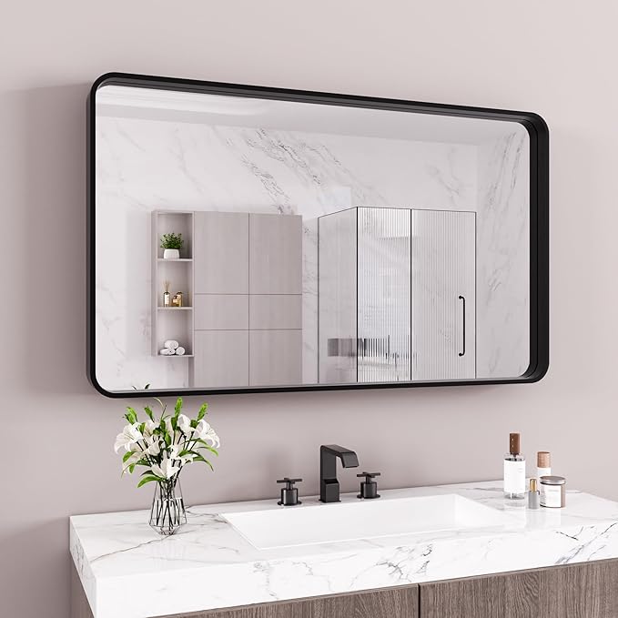 Black Bathroom Mirror 55X30 Inch, Black Metal Framed Mirror for Wall, Rounded Rectangle Matte Bathroom Vanity Mirror with Tempered Glass, Anti-Rust, Horizontal/Vertical
