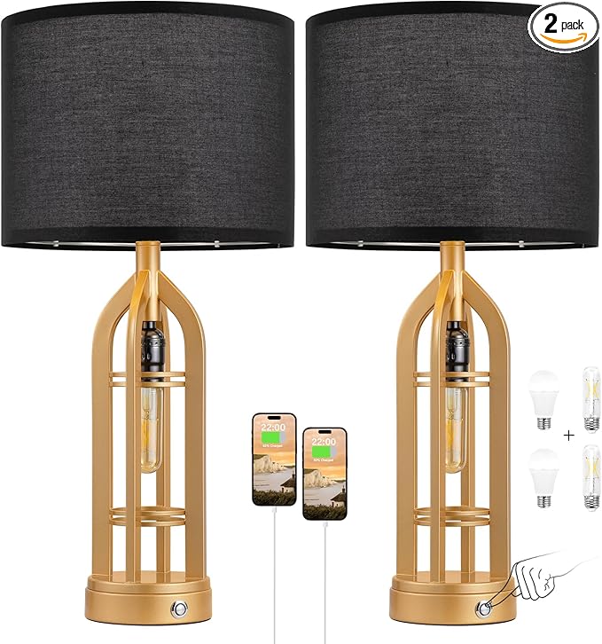 Seealle Table Lamps for Living Room Set of 2 - Gold Bedside Lamp for Bedroom with USB C+A & Outlet, Farmhouse Lamps for Night Stands, 3-Way Dimmable Touch Lamps for Living Room with Black Shade