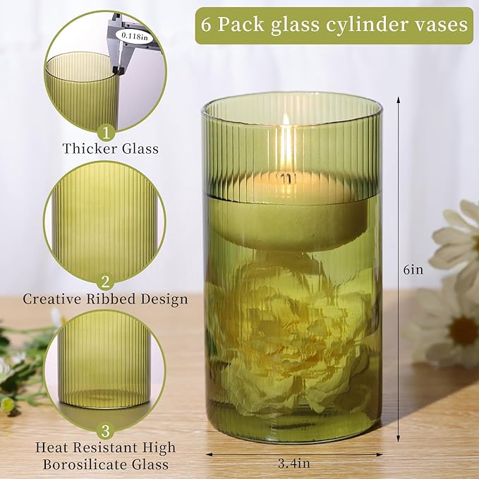 Glass Cylinder Bud vases for Centerpieces, 6 Inches Clear Ribbed Glass Vases Bulk for Wedding Table Decor, Loral Vase Bulk Flower vases, Tall Hurricane Candle Holder for Table Shelf, Party (Green)
