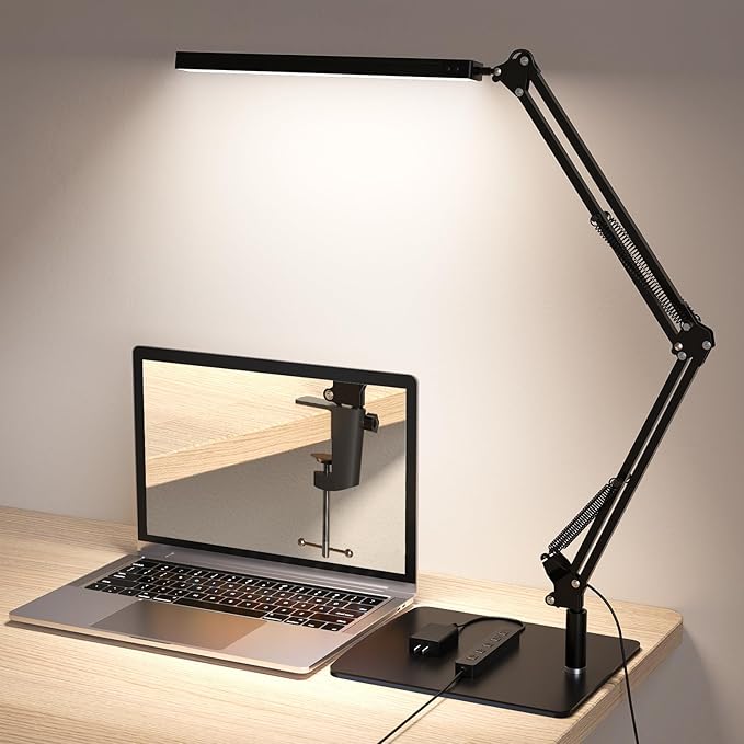 LED Desk Lamp for Home Office and Round Base, Clamp-On with 5 Light Modes & Auto Shut Off | 14W Adjustable Brightness 5000K Eye-Caring Lighting for Study/Bedroom/Computer Desk