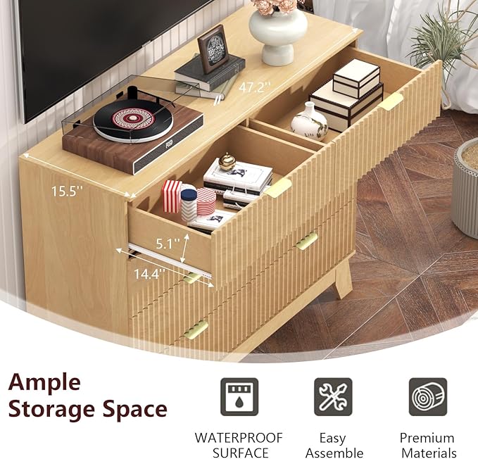 Fluted Dresser for Bedroom,8 Drawer Dresser for Closet Organizer and Storage Cabinet,Chest of Drawers with Gold Handle,TV Stand,Storage Organizer for Living Room,Hallway,Entryway,Nature Oak