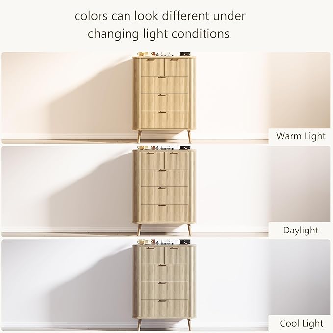 Alohappy Fluted 5 Drawers Dresser for Bedroom, 48" Tall Mid Century Modern Chest of Drawers with Curved Profile Design, Wood Storage Dressers for Closet Bedroom, Living Room, Hallway, Entryway