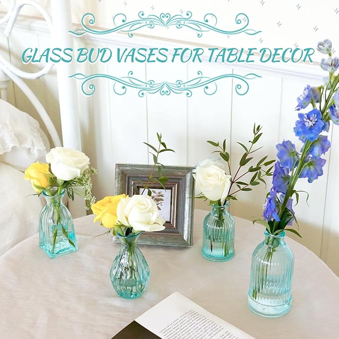 Bud Vases in Bulk 24, Blue Glass Vase, Small Vases for Flowers, Modern Ribbed Glass Bud Vase Wedding Flower Vase Blue Decor Baby Shower Party Centerpieces Home Room Table Decorations
