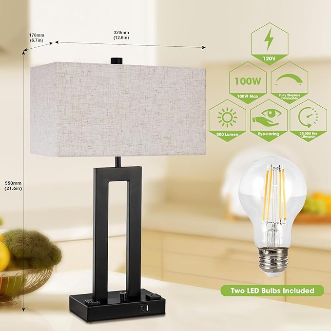 Modern Table Lamps Set of 2-22" Tall Bedside Lamps with USB-C/USB-A Charge Ports & Outlet, Stepless Dimmable Fabric Cream Shade Nightstand Lamps for Bedroom & Living Room