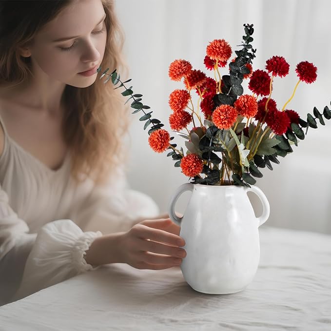 6 Artificial Silk Flowers + 3 Eucalyptus, Artificial Chrysanthemums with Stems for Home Decor, Burnt Orange and Red Mix