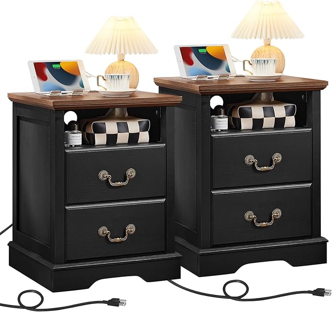 2PCS Farmhouse Nightstands with Charging Station，18" End Table with 2 Drawers，Farmhouse Nightstand with Vintage Handles, Bedside Cabinet for Bedroom for Bedroom, Living Room,Black