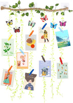 Wall Hanging Photo Display with Artificial Leaves Vines, Macrame Photo Holders, Boho Pictures Organizer for Wall Decoration, with 15 Wood Clips, for Home, Office, Classroom, Party, Wedding