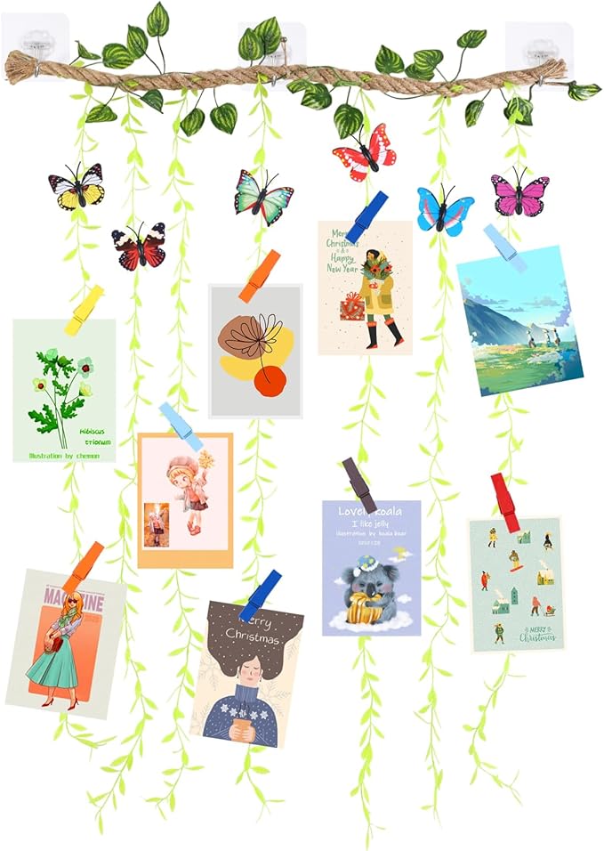 Wall Hanging Photo Display with Artificial Leaves Vines, Macrame Photo Holders, Boho Pictures Organizer for Wall Decoration, with 15 Wood Clips, for Home, Office, Classroom, Party, Wedding