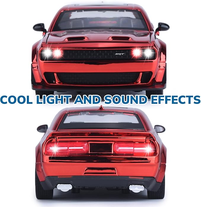 Car Toys for Boys 1/24 Diecast Cars Hellcat SRT Collectibles Model Kit,Pull Back Metal Toy Car with Lights and Sounds,Toy Cars for Boys Age 4-7（Metallic Red）
