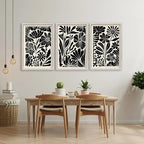 Abstract Floral Botanical Wall Art 16x11 Inch 3 Piece Black Vintage Boho Plant Flower Minimalist Wood Frame Sign Home Living Room Family Office Mid Century Print Wall Hanging Decor (White)