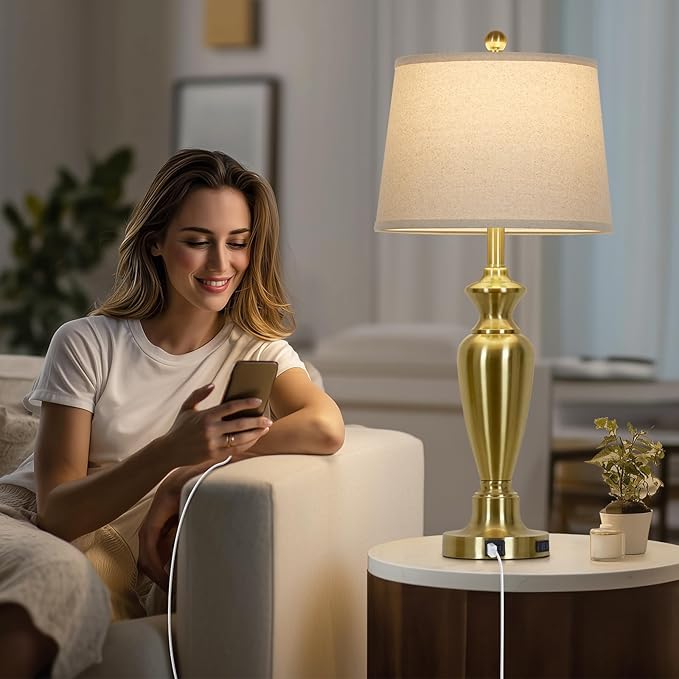 30" Tall Gold Table Lamps Set of 2, Touch Control Bedside Lamp with USB A+C Ports and AC Outlet, 3-Way Dimmable Modern Metal Nightstand Lamp for Bedroom Living Room, 2 LED Bulbs Included
