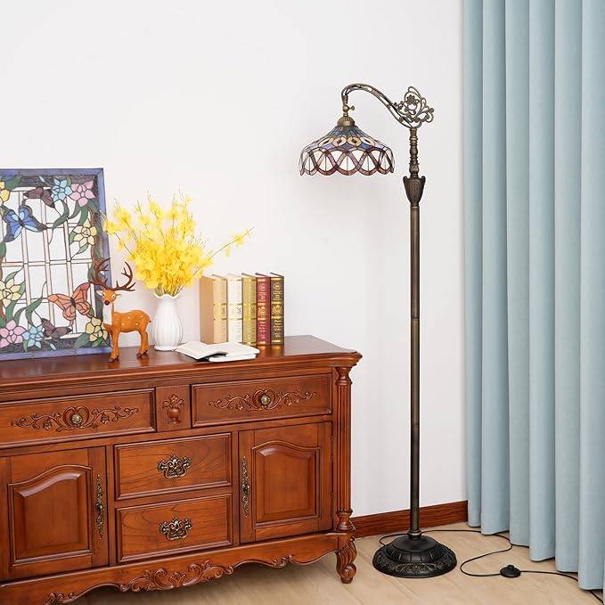 Tiffany Floor Lamp Yellow Peacock Tail Stained Glass Floor Light Adjustable Angle Tall Standing Lamp 63 inches for Home Living Room Bedroom