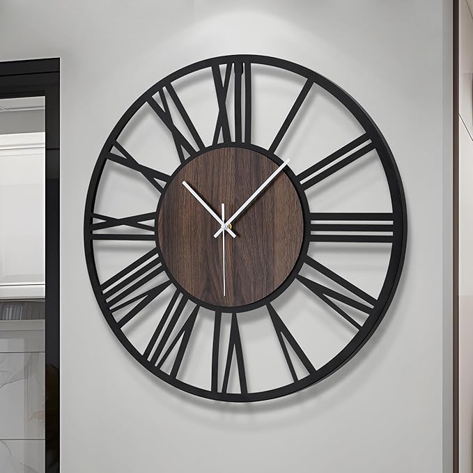 LEIKE Large Wall Clocks for Living Room,Silent,Non Ticking,Battery Operated Oversized Vintage Round Modern Wood Wall Clock for Bedroom,Farmhouse,Office Home Decor-24 Inch(Black-Roman Numerals)