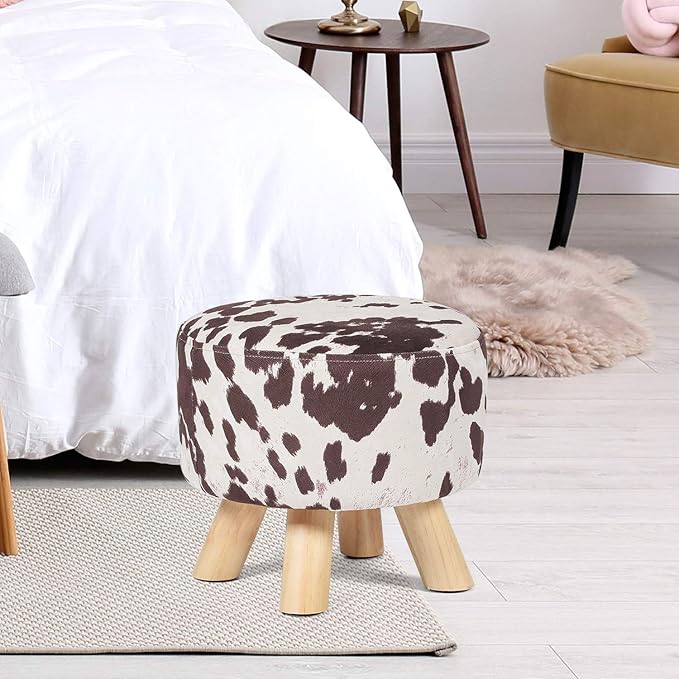 Asense Small Round Ottoman Foot Rest Stool Linen Padded Seat Footstool Ottoman with Anti-Slip Wooden Legs (Cow Brown,Linen)