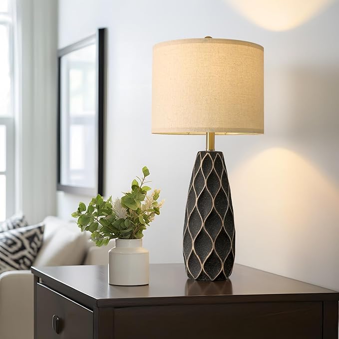 PORTRES 27.5" Ceramic Table Lamps for Bedroom Living Room Lamps Set of 2 Modern Bedside Nightstand Lamp Farmhouse Vintage Rustic Boho Retro Large Table Lamps Light Home Office Desk Deco Gifts, Black
