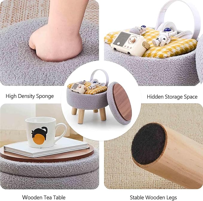 Wimarsbon Storage Ottoman, Modern Round Footrest with Soft Padded Seat, Teddy Velvet Footstool with Wood Legs, Accent Small Table or Plant Stand for Hallway, Living Room (Grey)