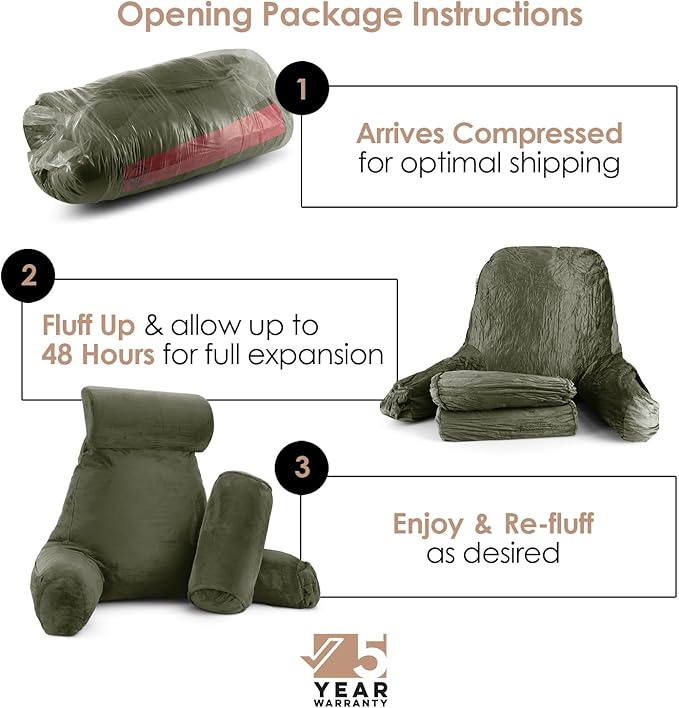 Nestl Reading Pillow Large Bed Pillow, Back Pillow for Sitting in Bed Shredded Memory Foam Chair Pillow, Reading & Bed Rest Pillows Olive Green Back Pillow for Bed, Bed Chair Arm Pillow with Pockets