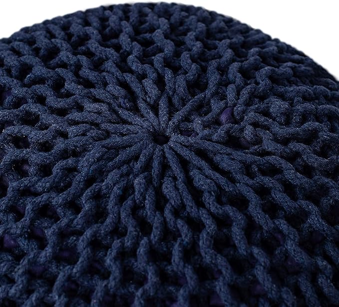 FRELISH DECOR Round Pouf Ottoman Hand Knitted 100% Cotton Pouf Foot Stool - Knitted Bean Bag - Floor Chair for Living Room Bedroom - Foot Rest for Couch (20 Diameter x 14 Height) - Navy