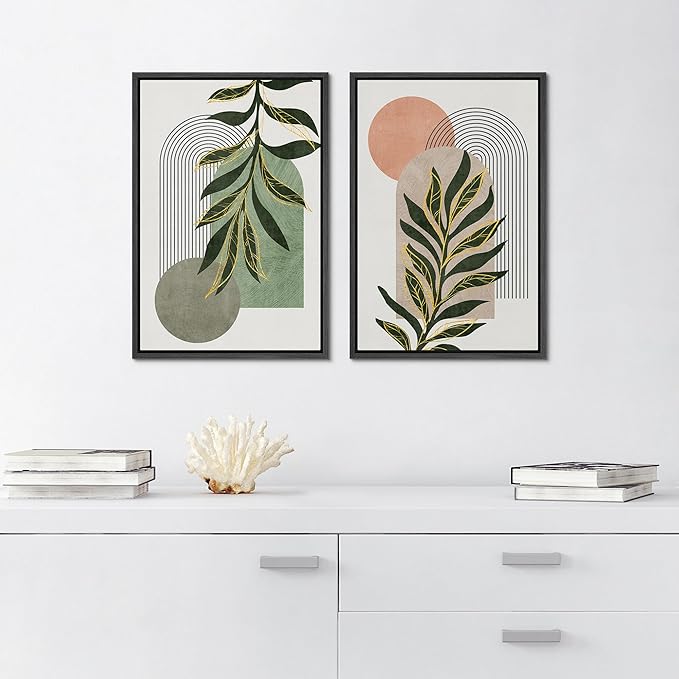 SIGNFORD Framed Canvas Print Wall Art Set Jungle Palm Leaf Geometric Polygons Abstract Shapes Illustration Modern Art Decorative Nordic Nature for Living Room, Bedroom, Office - 24"x36"x2 Black