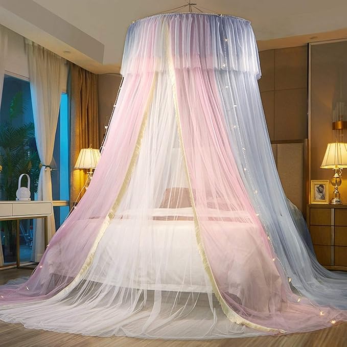 VETHIN Princess Bed Canopy for Girls,Bed Canopy Curtain- Double Layer Sheer Mesh Dome Bed Curtain- Round Lace Princess Mosquito Net Tent for Twin Full Queen King Bed(Pink/Grey/White)