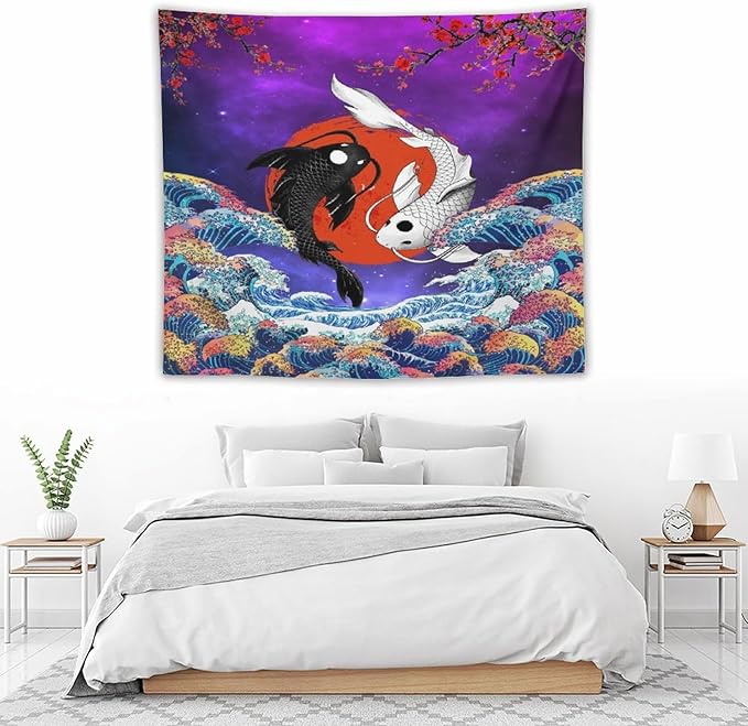 Houselerax Japanese Koi Fish Tapestry, Yin Yang Big Wave Cherry Blossom Tapestries Wall Hanging for Bedroom Living Room Office Decor 60"x50"