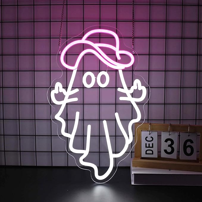 Cowboy Ghost Neon Sign, Neon Signs for Wall Decor Neon White Pink LED Signs Room Neon Light Up Signs Home Decor for Bedroom Club Party Bar Shop USB Operated