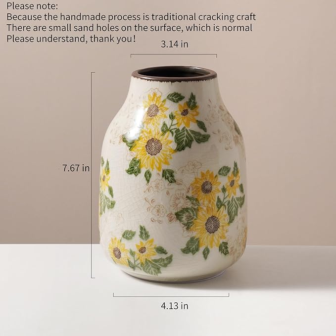 Levvohd Vintage Ceramic Vase, 7.7 Inch Yellow and Beige Sunflower Floral Modern Flower Vases for Home Decor Aesthetic Living Room Bookshelf Office Tuscan Decorations (Conical)
