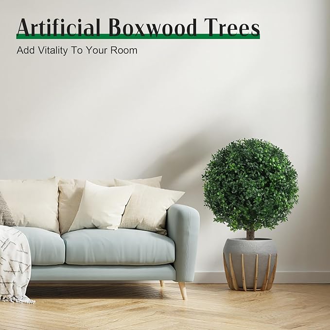 Set of 2 Artificial Boxwood Topiary Ball Trees for Outdoor with Ground Spike 22", UV Resistant Faux Greenery Shrubs, Fake Boxwood Plants for Indoor, Garden, Yard, Porch, Patio Decor